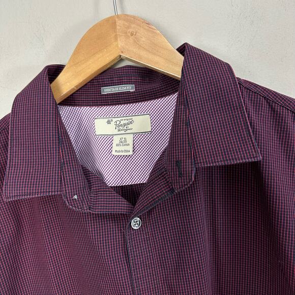 Penguin Button Down Shirt Navy Blue Red Windowpane Check Plaid 17.5 34/35 - Picture 3 of 7